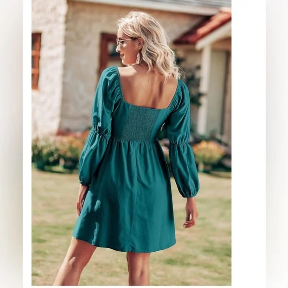 Women's Fall Long Puff Sleeve Babydoll Dress Casual Square Neck Elastic Waist XL - Picture 3 of 4